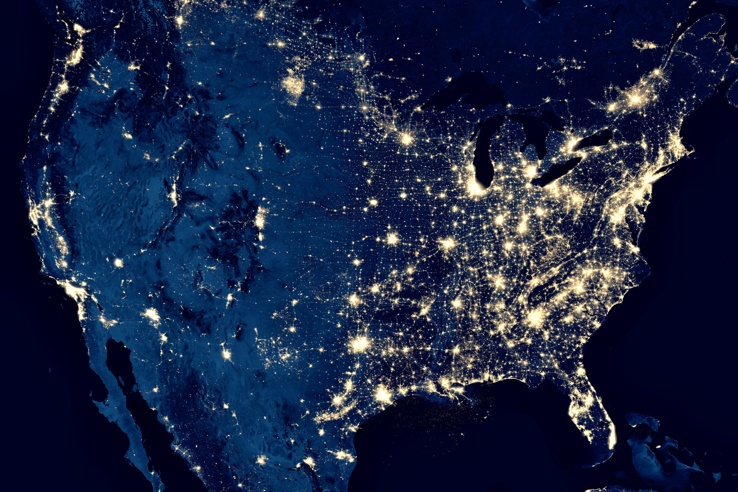 Earth At Night, View Of City Lights In United States From Space.